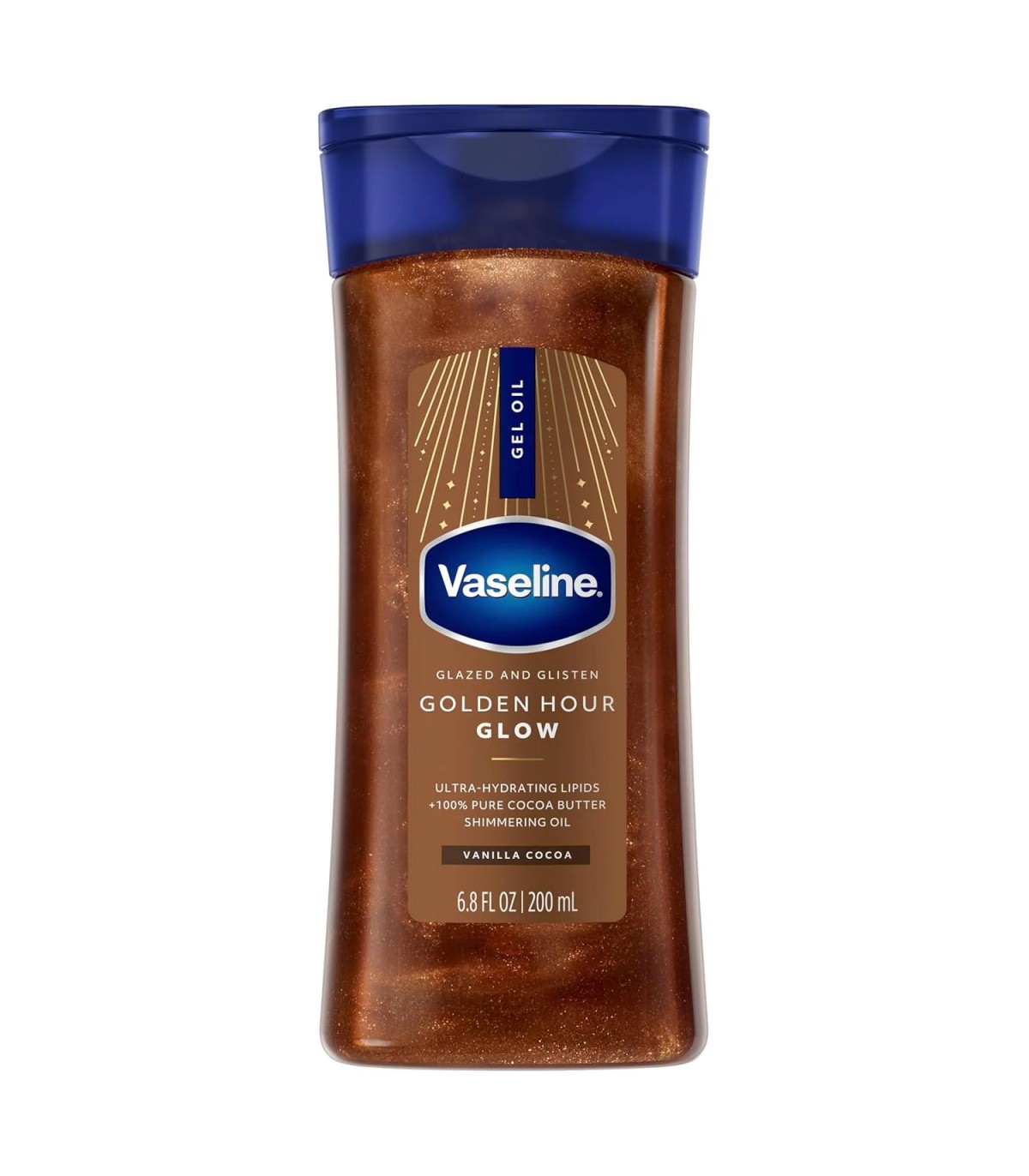 Vaseline ژل روغن براق کننده بدن شاین وازلین مدل Golden Hour Glow Vanilla Cocoa حجم 200 میلی لیتر