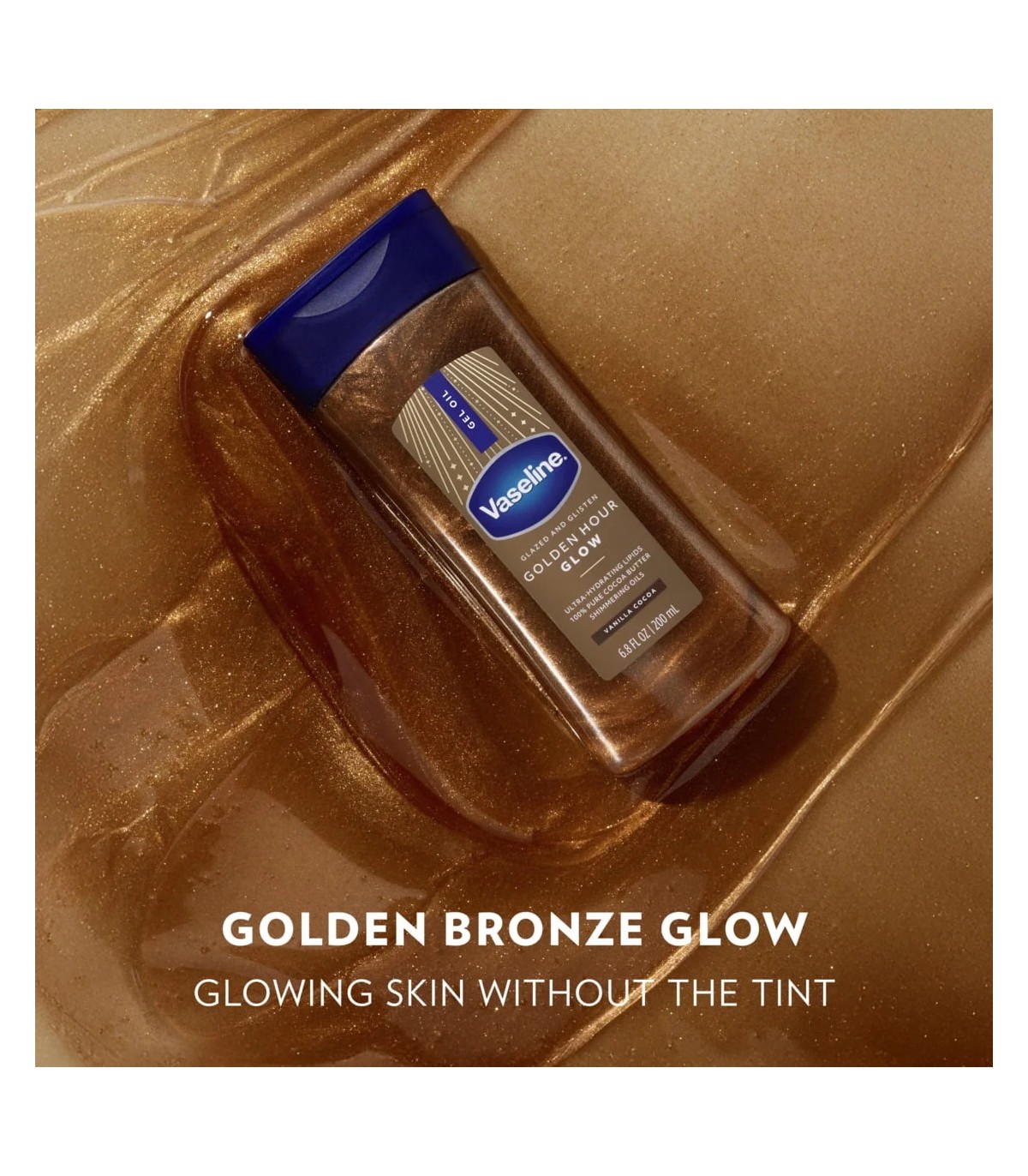 Vaseline ژل روغن براق کننده بدن شاین وازلین مدل Golden Hour Glow Vanilla Cocoa حجم 200 میلی لیتر